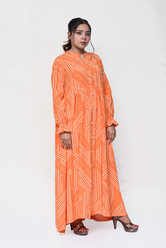 ๐งก Sunset Geo Maxi Dress โ Bold, Modern & Effortlessly Modest