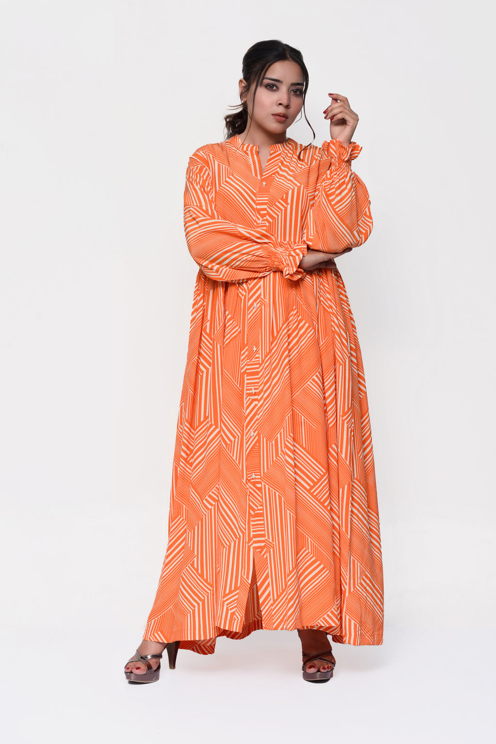 🧡 Sunset Geo Maxi Dress – Bold, Modern & Effortlessly Modest