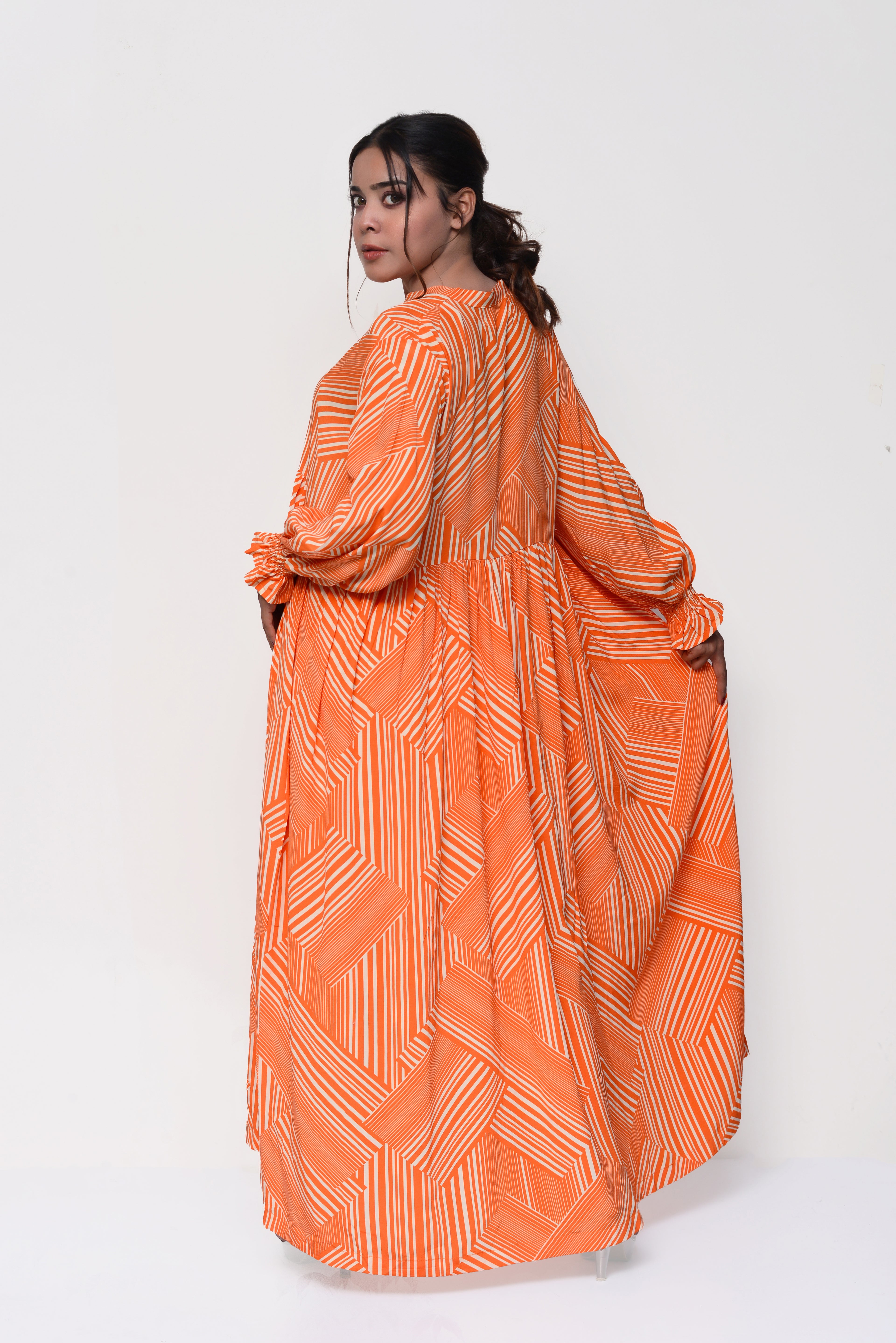 🧡 Sunset Geo Maxi Dress – Bold, Modern & Effortlessly Modest